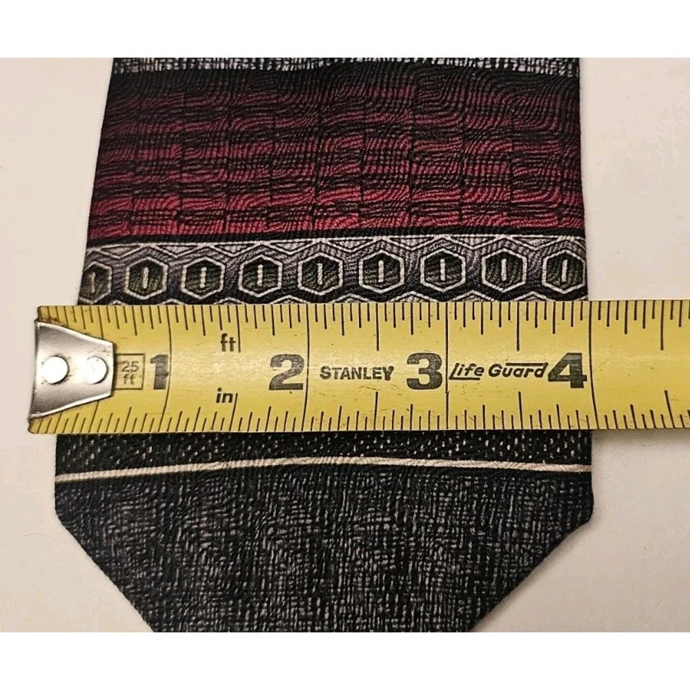 We Care Mens Silk Tie Red Black Grey White Striped Geometric Classic 3.75x56